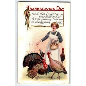 Thanksgiving Postcard Women Feeds Turkeys Pink Of Perfection Fairman 1914